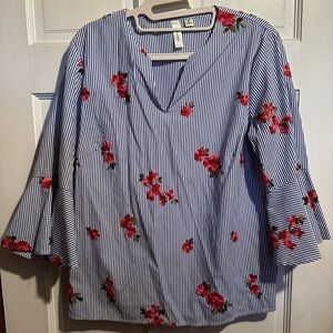 Striped V-Neck Blouse with Floral Embroidery